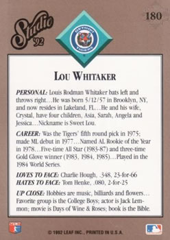 1992 Studio #180 Lou Whitaker Back