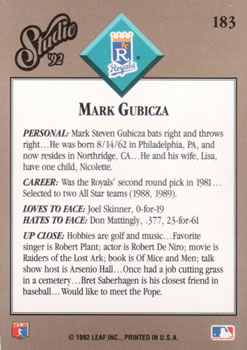 1992 Studio #183 Mark Gubicza Back