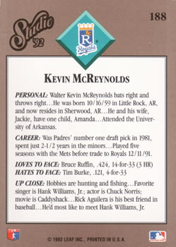 1992 Studio #188 Kevin McReynolds Back