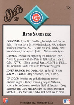 1992 Studio #18 Ryne Sandberg Back