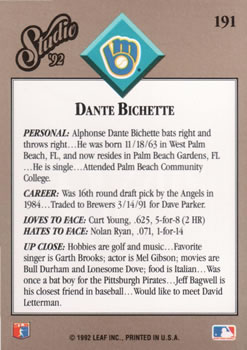 1992 Studio #191 Dante Bichette Back