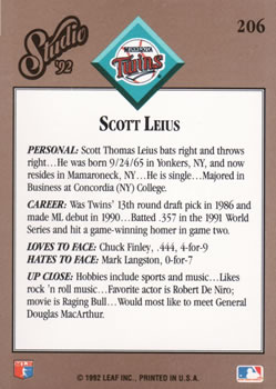 1992 Studio #206 Scott Leius Back