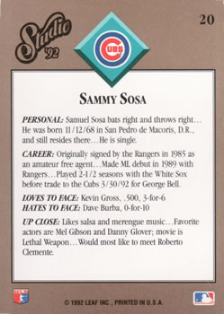 1992 Studio #20 Sammy Sosa Back