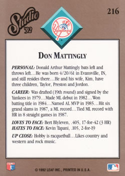1992 Studio #216 Don Mattingly Back