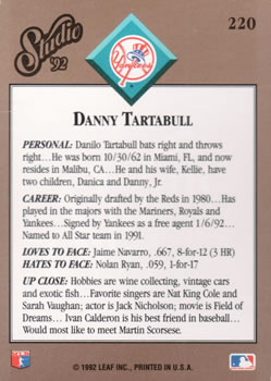 1992 Studio #220 Danny Tartabull Back