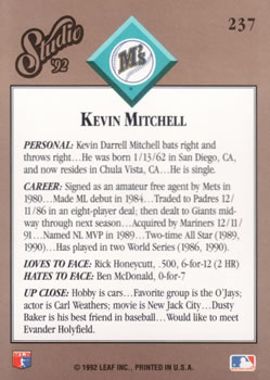 1992 Studio #237 Kevin Mitchell Back