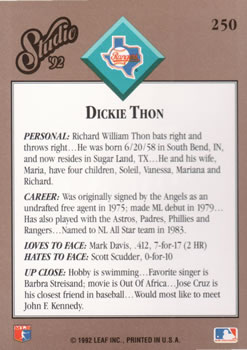 1992 Studio #250 Dickie Thon Back