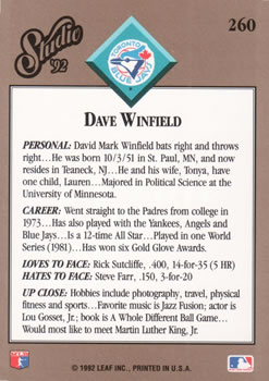 1992 Studio #260 Dave Winfield Back