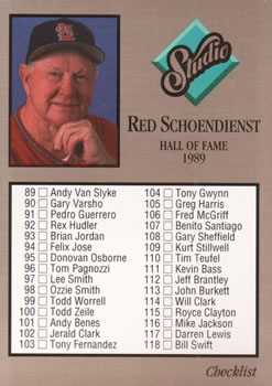 1992 Studio #262 Checklist (Red Schoendienst) Front