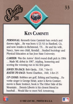 1992 Studio #33 Ken Caminiti Back
