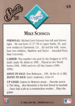 1992 Studio #48 Mike Scioscia Back