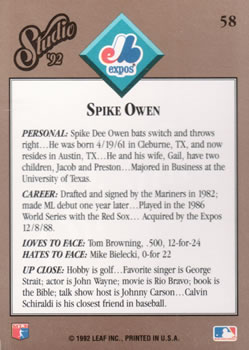 1992 Studio #58 Spike Owen Back