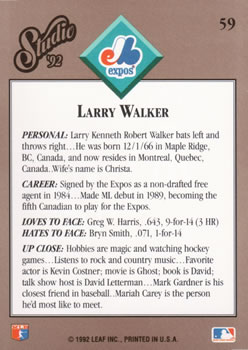 1992 Studio #59 Larry Walker Back