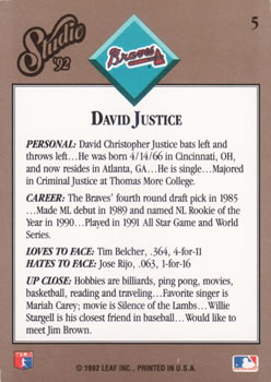 1992 Studio #5 David Justice Back