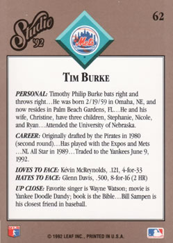 1992 Studio #62 Tim Burke Back
