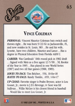1992 Studio #63 Vince Coleman Back