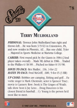 1992 Studio #78 Terry Mulholland Back