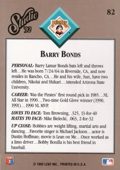 1992 Studio #82 Barry Bonds Back