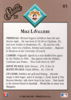 1992 Studio #85 Mike LaValliere Back