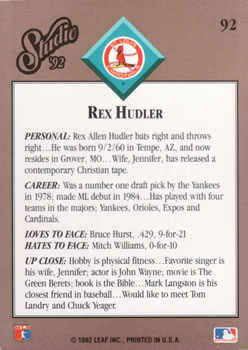 1992 Studio #92 Rex Hudler Back