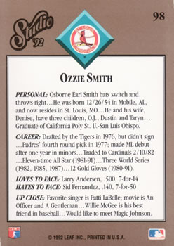 1992 Studio #98 Ozzie Smith Back