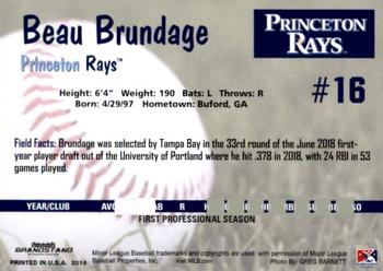 2018 Grandstand Princeton Rays #NNO Beau Brundage Back