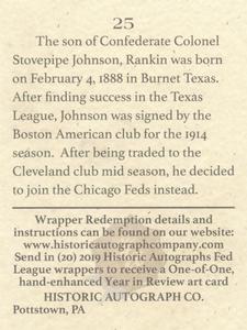 2019 Historic Autographs The Federal League #25 Rankin Johnson Sr. Back