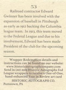 2019 Historic Autographs The Federal League #53 Edward Gwinner Back