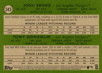 2020 Topps Heritage #343 Dodgers 2020 Rookie Stars (Josh Sborz / Tony Gonsolin) Back