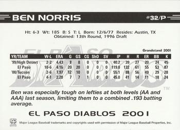2001 Grandstand El Paso Diablos White Border #NNO Ben Norris Back