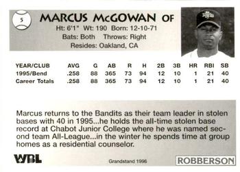 1996 Grandstand Bend Bandits #NNO Marcus McGowan Back