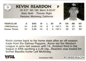 1996 Grandstand Bend Bandits #NNO Kevin Reardon Back