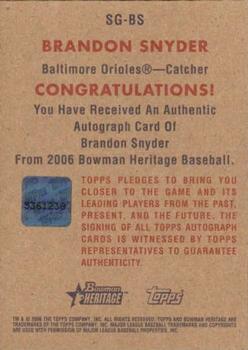 2006 Bowman Heritage - Signs of Greatness #SG-BS Brandon Snyder Back