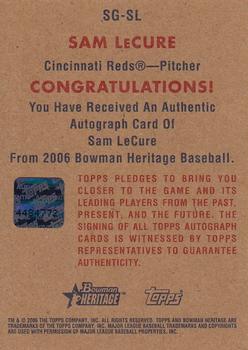 2006 Bowman Heritage - Signs of Greatness #SG-SL Sam LeCure Back
