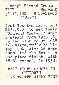 1972 TCMA The Yawkey Boston Red Sox #NNO Joe Cronin Back