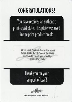 2018 Leaf Perfect Game National Showcase - Printing Plates Cyan #BA-BM2 Blake Mayfield Back