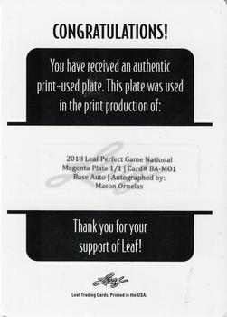 2018 Leaf Perfect Game National Showcase - Printing Plates Magenta #BA-MO1 Mason Ornelas Back
