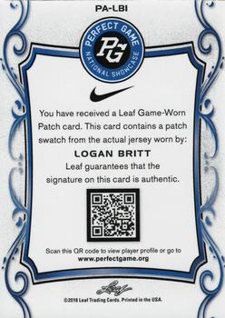 2018 Leaf Perfect Game National Showcase - Patch Autograph Red #PA-LB1 Logan Britt Back