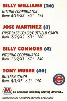 1993 Marathon Chicago Cubs #NNO Billy Williams / Jose Martinez / Billy Connors / Tony Muser Back