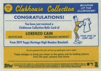 2019 Topps Heritage - Clubhouse Collection Relics High Number Gold #CCR-LC Lorenzo Cain Back