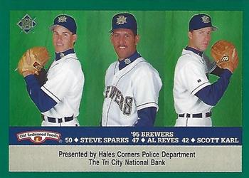 1995 Milwaukee Brewers Police - Hales Corners Police Department, Tri City National Bank #NNO Scott Karl / Steve Sparks / Alberto Reyes Front