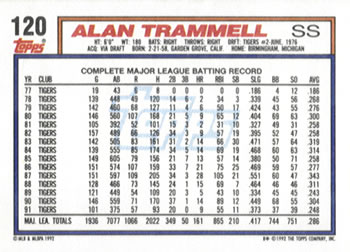 1992 Topps #120 Alan Trammell Back