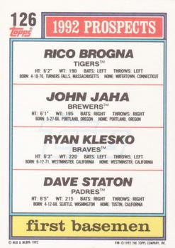 1992 Topps #126 1992 Top Prospects 1st Basemen (Rico Brogna / John Jaha / Ryan Klesko / Dave Staton) Back