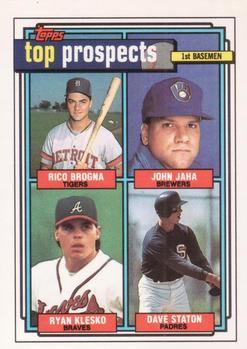 1992 Topps #126 1992 Top Prospects 1st Basemen (Rico Brogna / John Jaha / Ryan Klesko / Dave Staton) Front