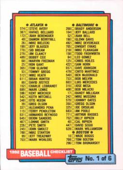 1992 Topps #131 Checklist 1 of 6 Front