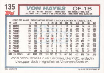 1992 Topps #135 Von Hayes Back