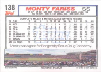 1992 Topps #138 Monty Fariss Back