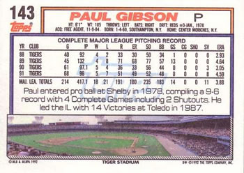 1992 Topps #143 Paul Gibson Back