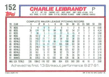 1992 Topps #152 Charlie Leibrandt Back