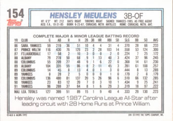1992 Topps #154 Hensley Meulens Back